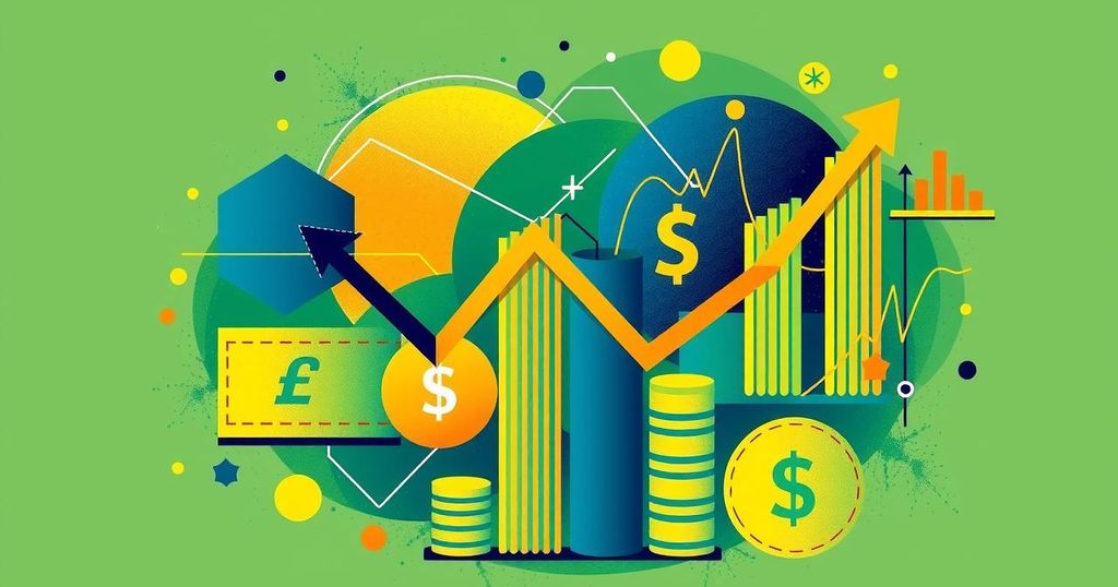 An abstract representation of Nigeria's economic transformation with graphs, currency symbols, and vibrant colors.