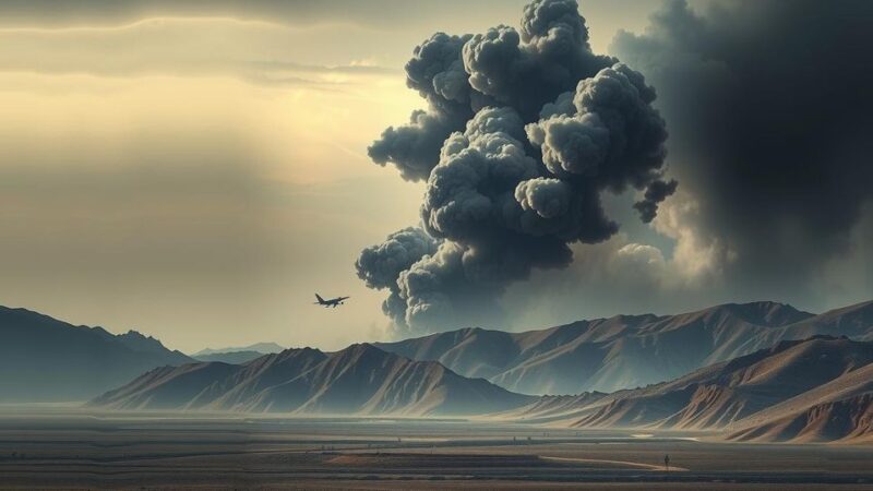 Dramatic landscape depicting airstrikes with dark smoke clouds rising over barren mountains in a surrealist style.