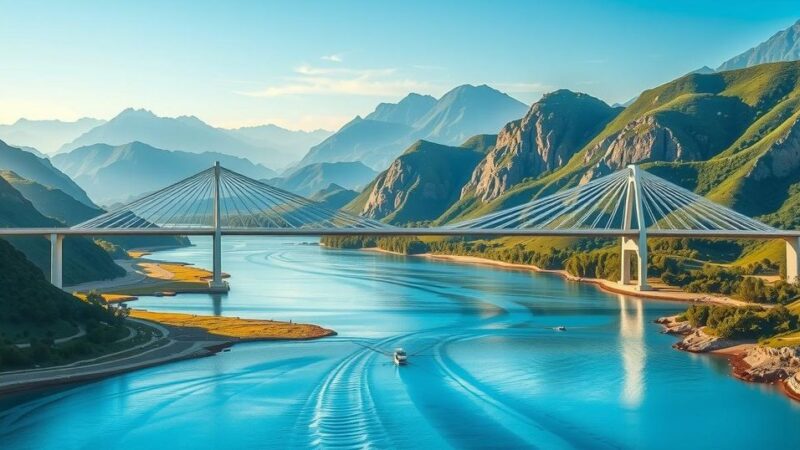 A scenic landscape showing bridges symbolizing connection and cooperation between Iraq and Syria, with mountains and rivers.