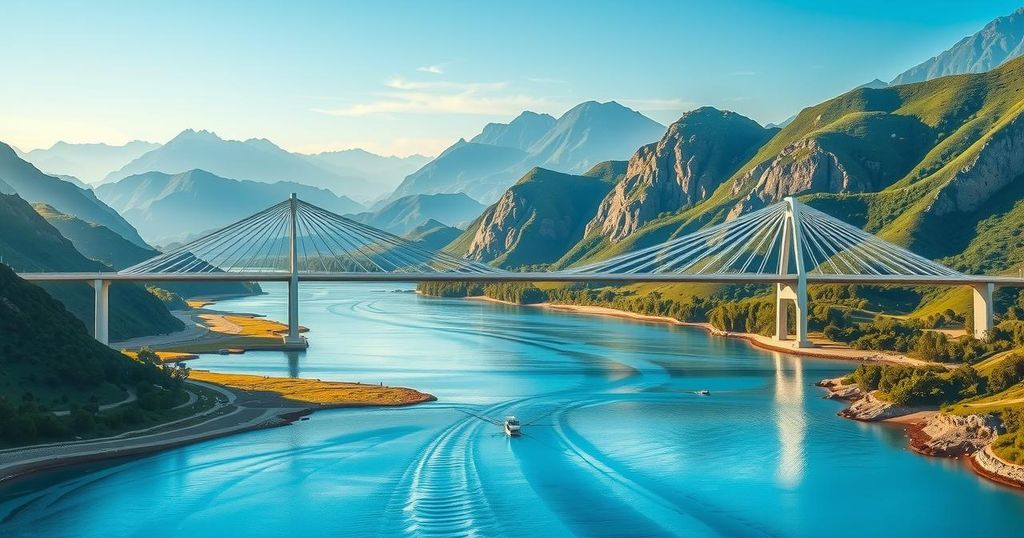 A scenic landscape showing bridges symbolizing connection and cooperation between Iraq and Syria, with mountains and rivers.