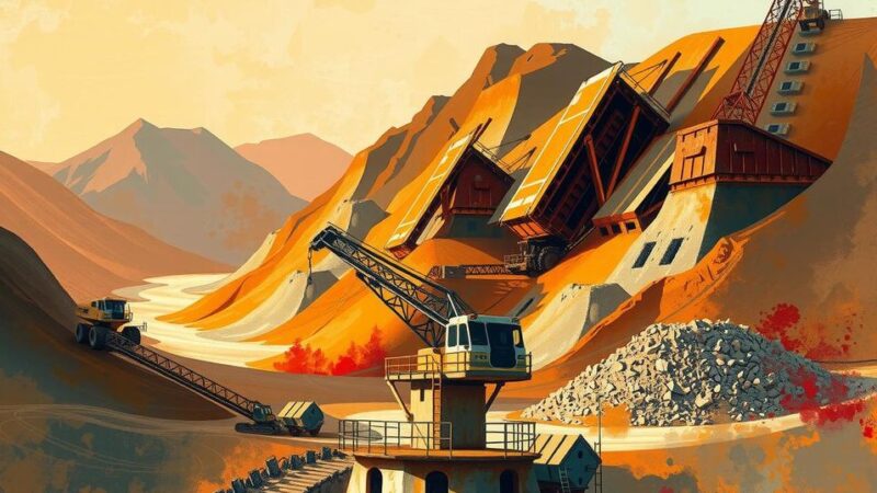 Abstract artistic depiction of mining activities with earthy color palette representing copper and gold extraction.