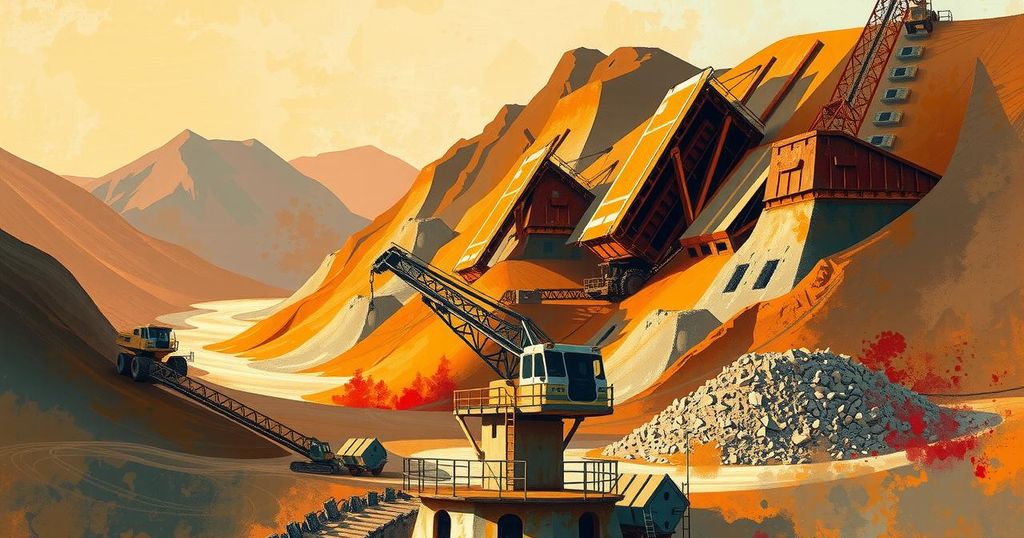 Abstract artistic depiction of mining activities with earthy color palette representing copper and gold extraction.