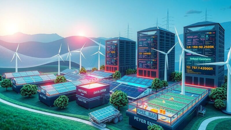 A vibrant, modern digital landscape showcasing advanced data centers and renewable energy sources for Bitcoin mining.