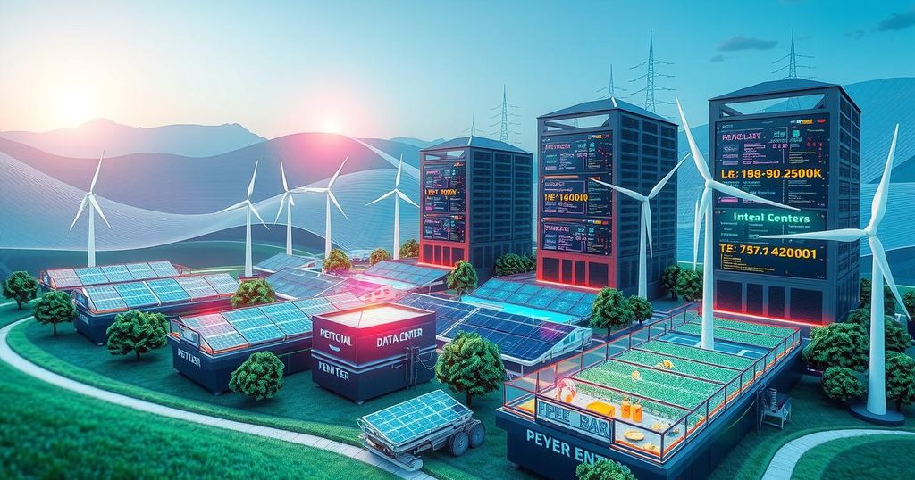 A vibrant, modern digital landscape showcasing advanced data centers and renewable energy sources for Bitcoin mining.