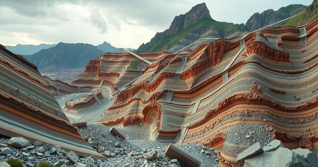 Seismic landscape after an earthquake, showcasing landslides and a rugged terrain in Peru's mountainous area.
