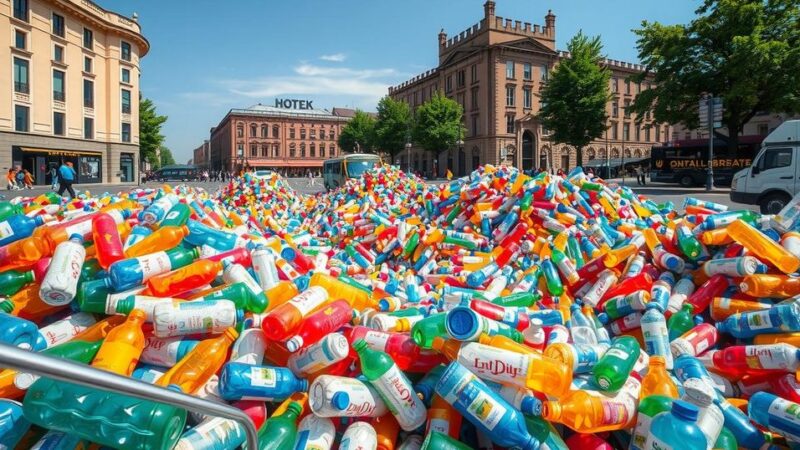 Colorful mounds of plastic bottles in a vibrant public square representing recycling efforts and social protest.