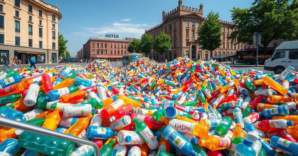 Colorful mounds of plastic bottles in a vibrant public square representing recycling efforts and social protest.