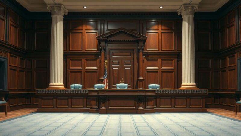 A courtroom scene with a large wooden desk and flags, symbolizing justice and political trials in Brazil.