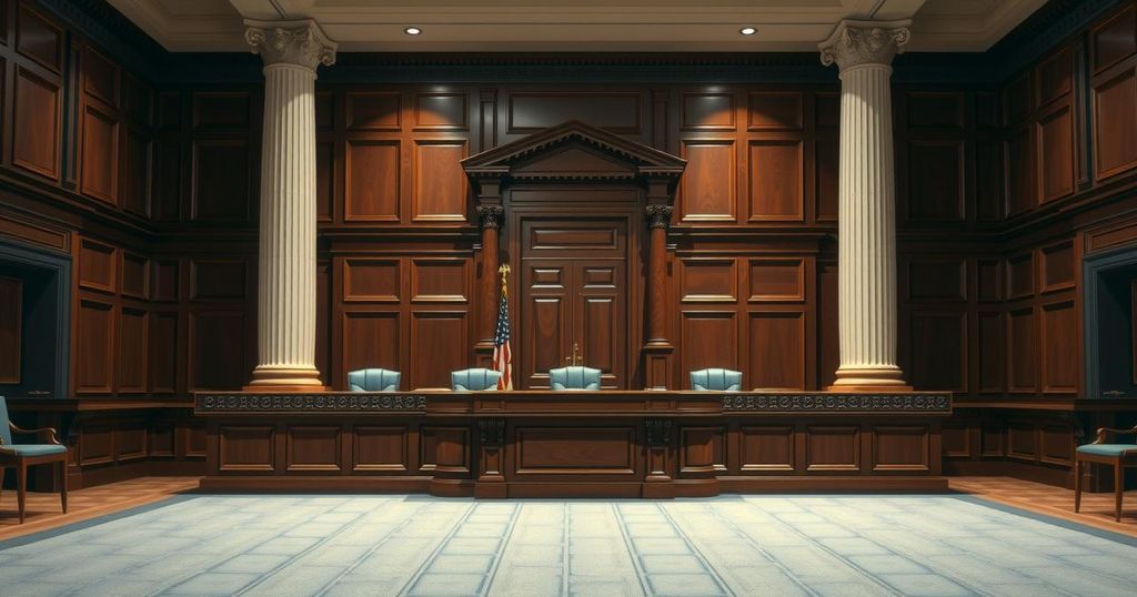 A courtroom scene with a large wooden desk and flags, symbolizing justice and political trials in Brazil.