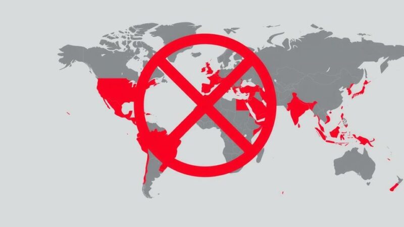 A bold and striking illustration symbolizing a travel ban, depicting a world map with restricted paths and barriers.