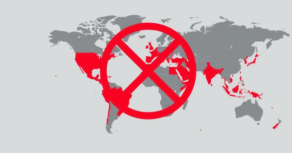 A bold and striking illustration symbolizing a travel ban, depicting a world map with restricted paths and barriers.