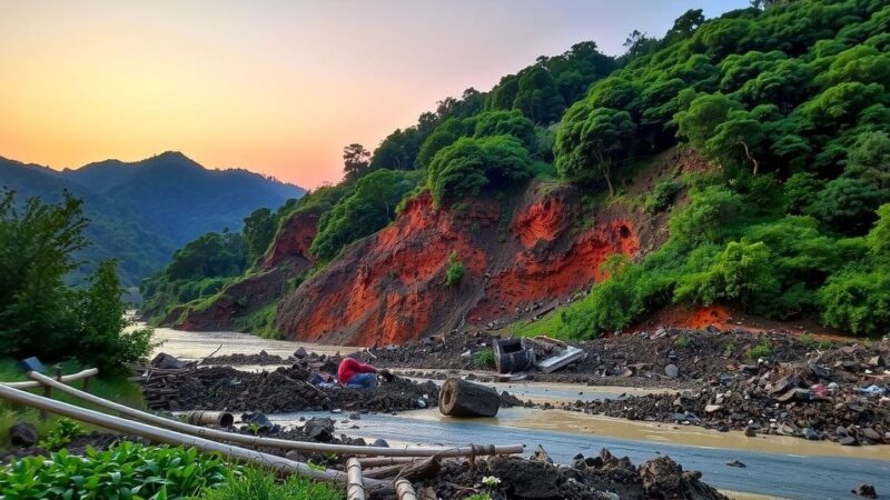 A serene mountainous landscape depicting a lush green area affected by a landslide, with debris scattered.