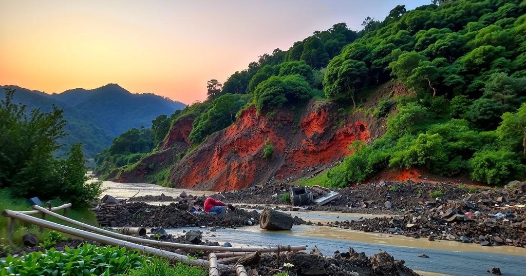 A serene mountainous landscape depicting a lush green area affected by a landslide, with debris scattered.