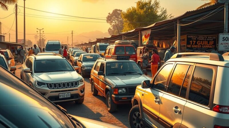 Visual representation of a vibrant market scene with gold and automotive themes, reflecting South African economy growth.