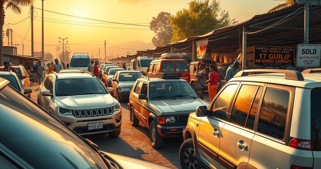 Visual representation of a vibrant market scene with gold and automotive themes, reflecting South African economy growth.