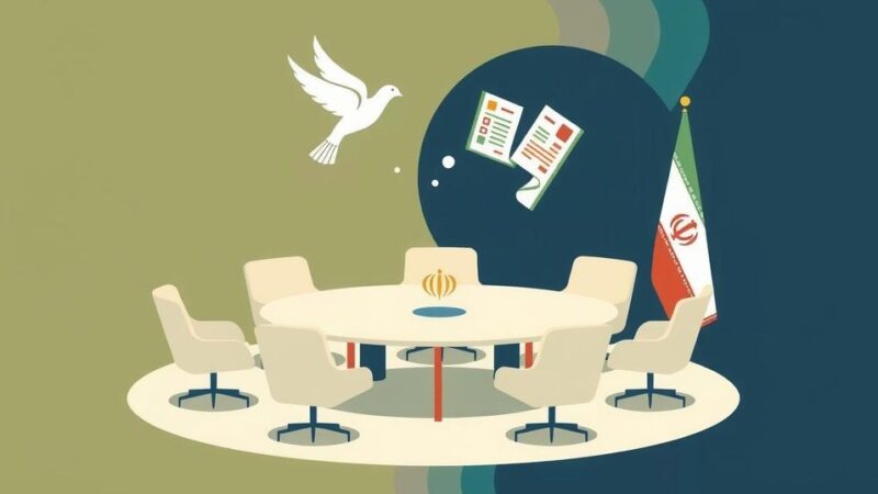 Abstract representation of diplomatic negotiations with symbolic elements of Iran and the US amidst a backdrop of a conference table.