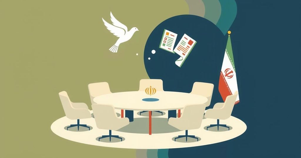 Abstract representation of diplomatic negotiations with symbolic elements of Iran and the US amidst a backdrop of a conference table.