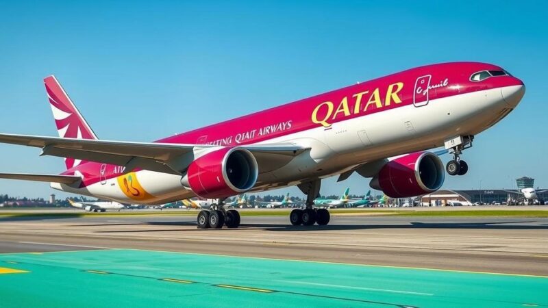 A Qatar Airways Boeing 777 on a runway, ready for the British & Irish Lions tour to Australia, symbolizing rugby adventure.