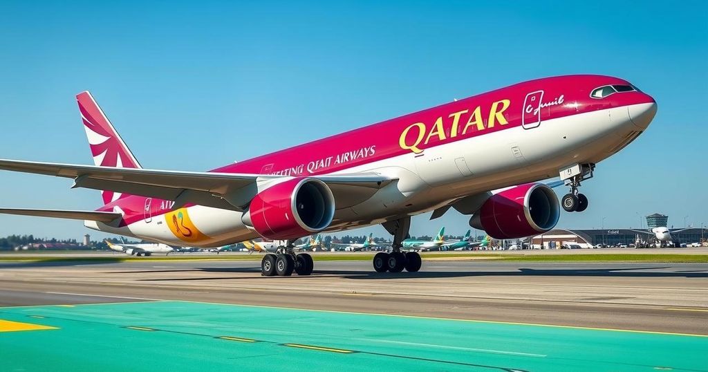A Qatar Airways Boeing 777 on a runway, ready for the British & Irish Lions tour to Australia, symbolizing rugby adventure.