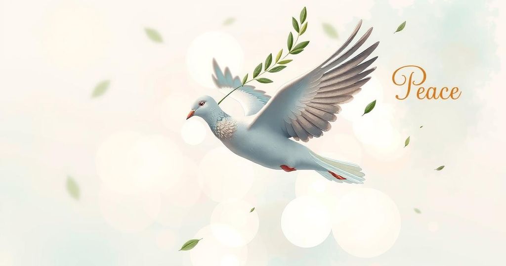 A dove carrying an olive branch symbolizing peace between nations, with soft colors and a watercolor style.