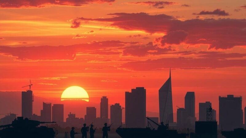 Dramatic sunset over a cityscape reflecting peace and diplomacy, with military silhouettes in the distance.