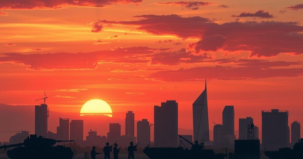 Dramatic sunset over a cityscape reflecting peace and diplomacy, with military silhouettes in the distance.