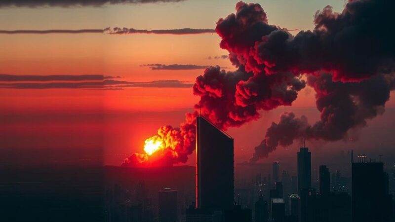 A dramatic landscape showing explosions over a city skyline, representing conflict and escalating tensions.