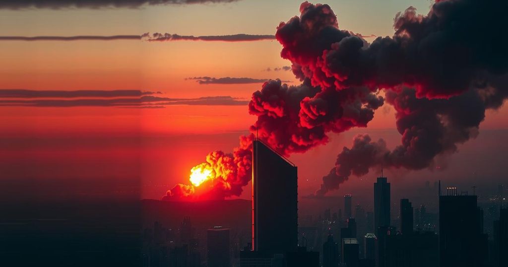 A dramatic landscape showing explosions over a city skyline, representing conflict and escalating tensions.