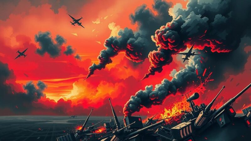 A dramatic scene of an abstract military landscape, featuring dark clouds and intense colors representing conflict.