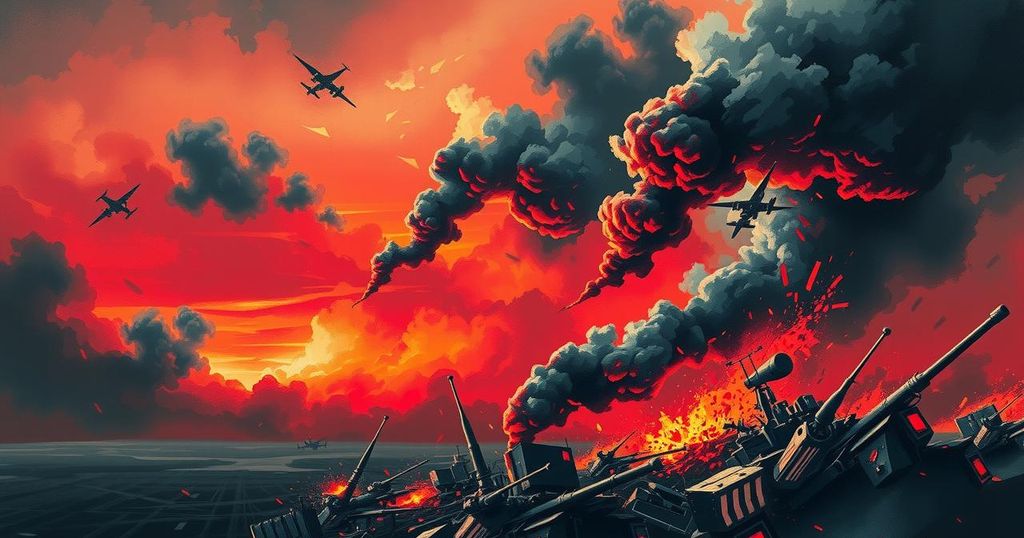 A dramatic scene of an abstract military landscape, featuring dark clouds and intense colors representing conflict.