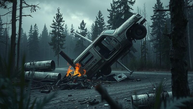 A destroyed vehicle in a forest after an airstrike in southern Lebanon under a gray sky.