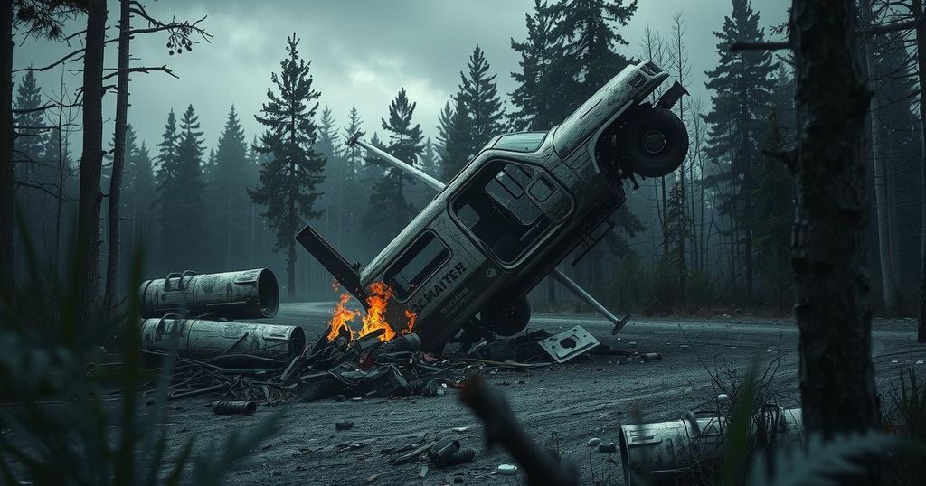 A destroyed vehicle in a forest after an airstrike in southern Lebanon under a gray sky.