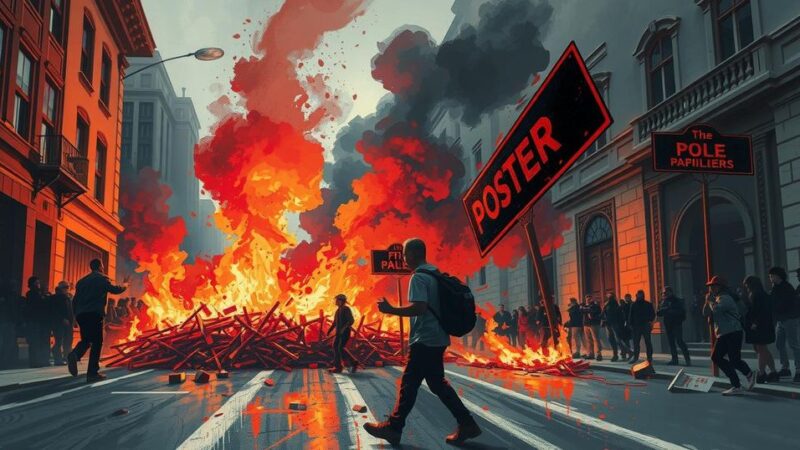 A vibrant street scene depicting youth protests with flames, smoke, and destruction, capturing political unrest in Kenya.