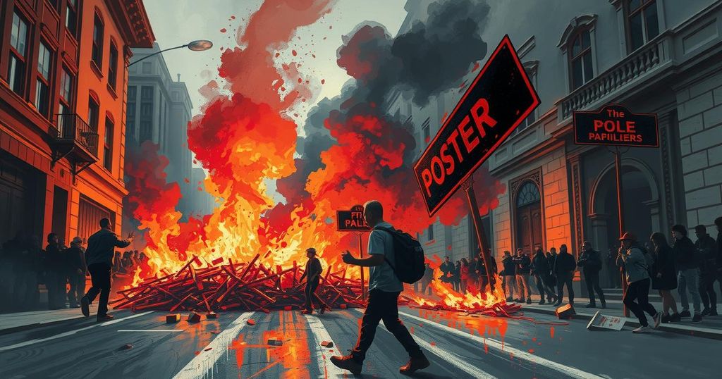A vibrant street scene depicting youth protests with flames, smoke, and destruction, capturing political unrest in Kenya.