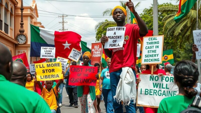 Peaceful protest against local government act amendment with banners and vibrant colors in Gbarnga.
