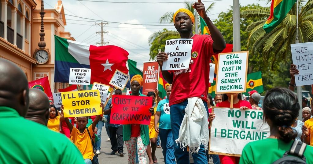 Peaceful protest against local government act amendment with banners and vibrant colors in Gbarnga.