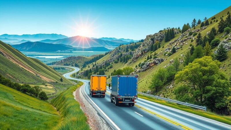 Trucks on a winding road representing a transport system linking Türkiye, Kuwait, Germany, and Jordan.