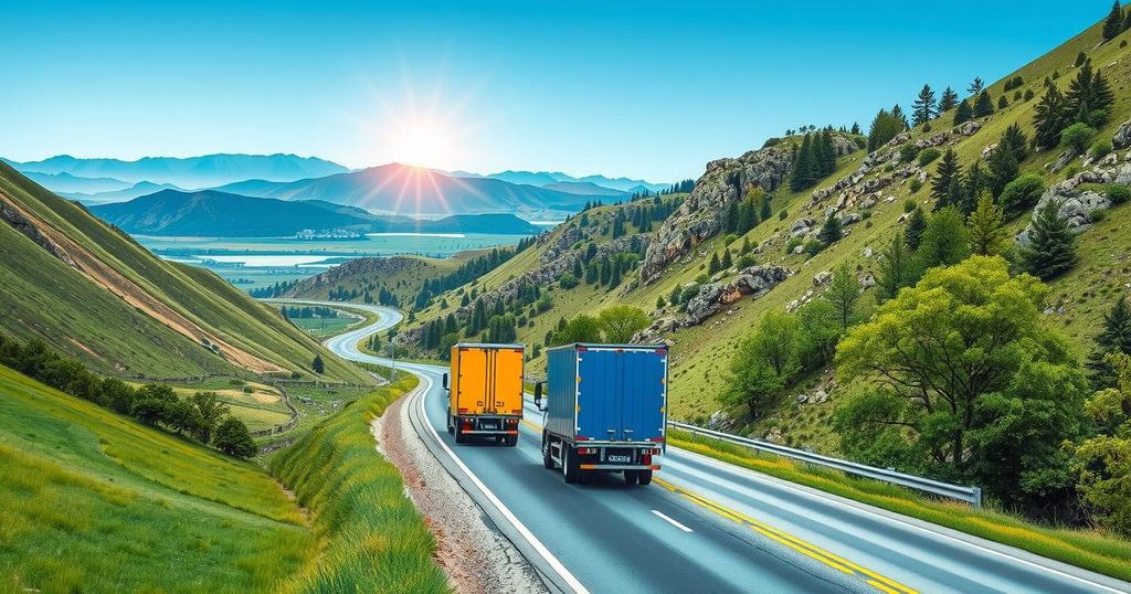 Trucks on a winding road representing a transport system linking Türkiye, Kuwait, Germany, and Jordan.