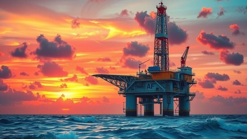Offshore oil drilling platform in the ocean with a vibrant sunset and abstract clouds, illustrating energy development.