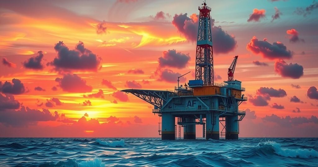 Offshore oil drilling platform in the ocean with a vibrant sunset and abstract clouds, illustrating energy development.