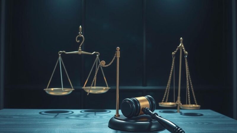 Symbolic representation of justice and accountability in a courtroom setting with scales and a gavel in shadows.