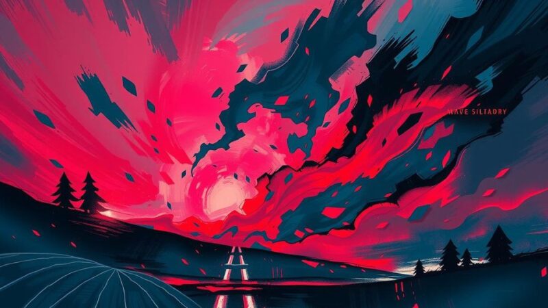 A dramatic dark sky over an abstract landscape, symbolizing tension with bold reds and deep blues.