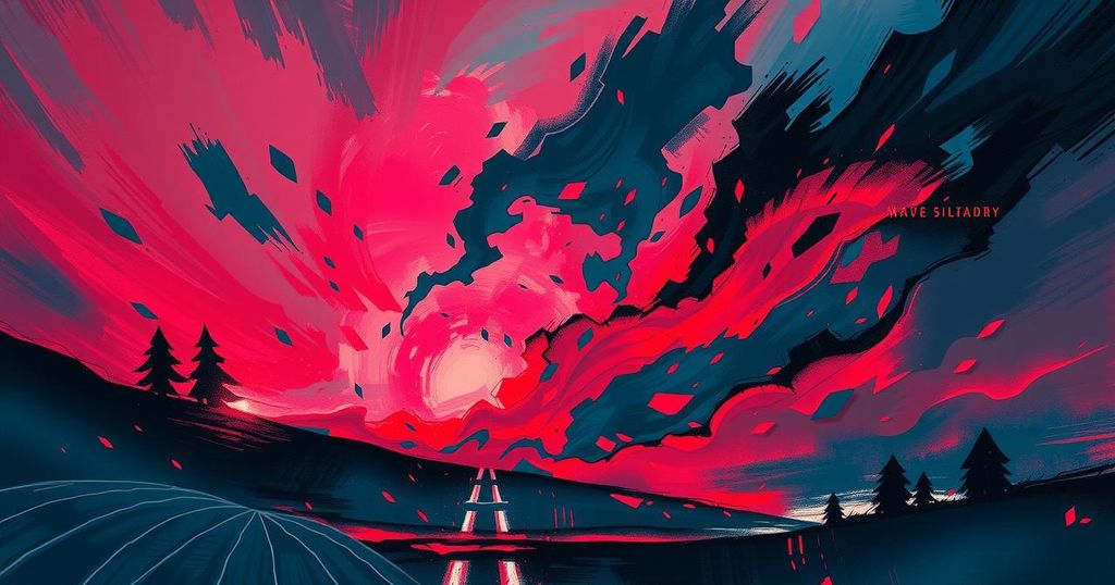 A dramatic dark sky over an abstract landscape, symbolizing tension with bold reds and deep blues.