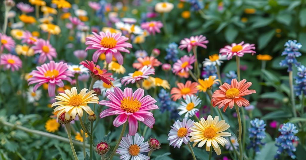Colorful flowers in a serene garden, representing life and remembrance with soft pastel tones.