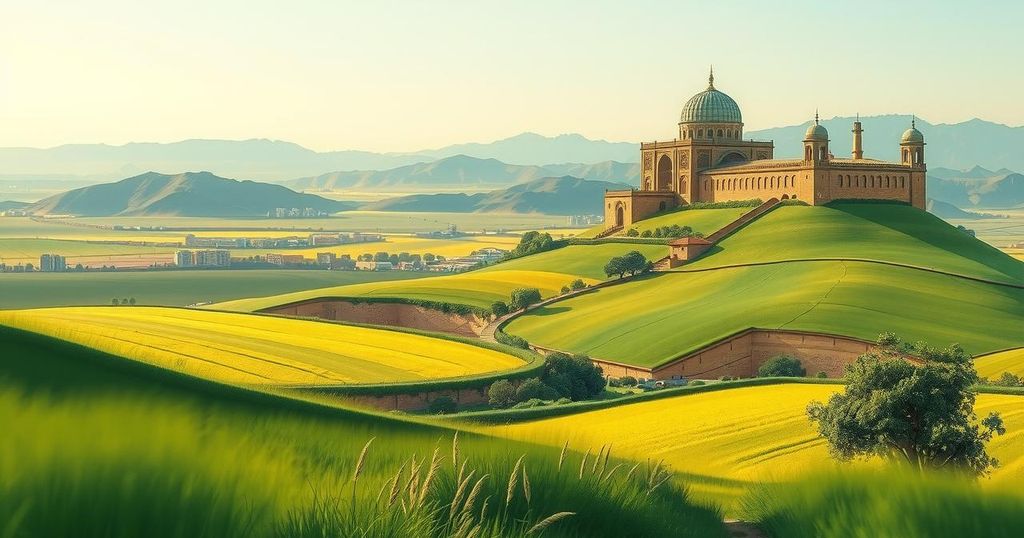A peaceful Syrian landscape with fields and mountains, showcasing hope for economic recovery and political change.