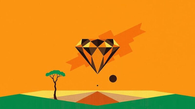 Abstract representation of Botswana and diamond mining collaboration with earth tones and geometric patterns.