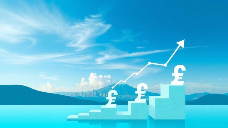 A serene landscape with a bright skyline reflecting economic stability, featuring intricate data charts and currencies.