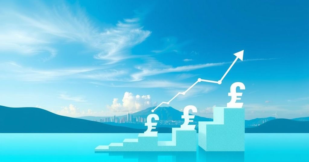 A serene landscape with a bright skyline reflecting economic stability, featuring intricate data charts and currencies.