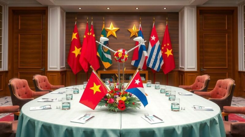 Vietnamese and Cuban leaders discuss cooperation at BRICS in vibrant setting with flags and national symbols.