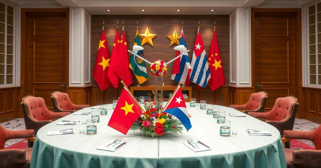 Vietnamese and Cuban leaders discuss cooperation at BRICS in vibrant setting with flags and national symbols.